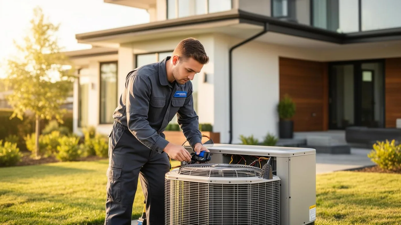HVAC technician servicing an outdoor air-conditioning unit at a modern home