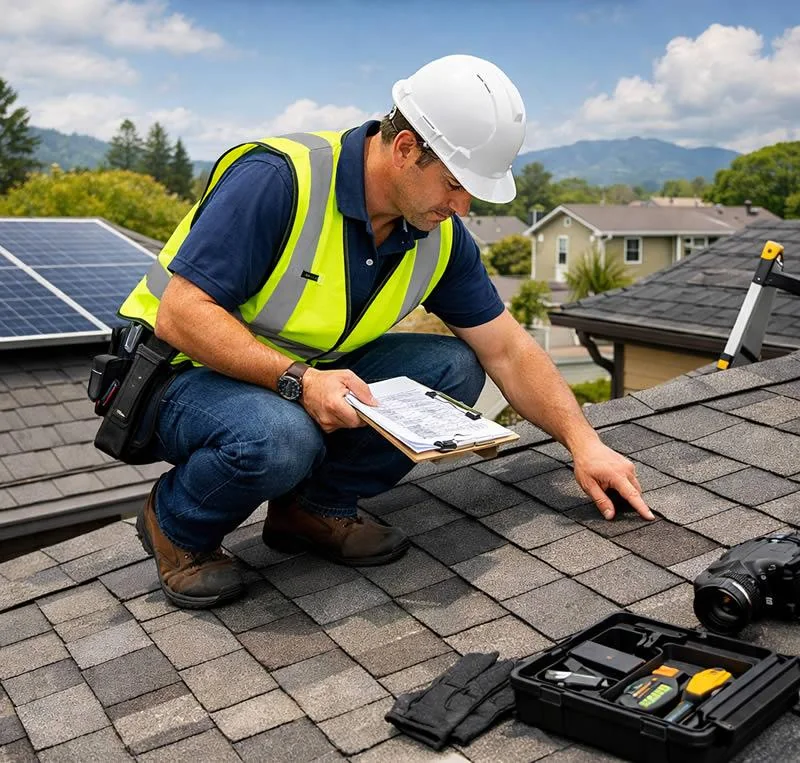 Roofing inspector checking shingles on a residential roof